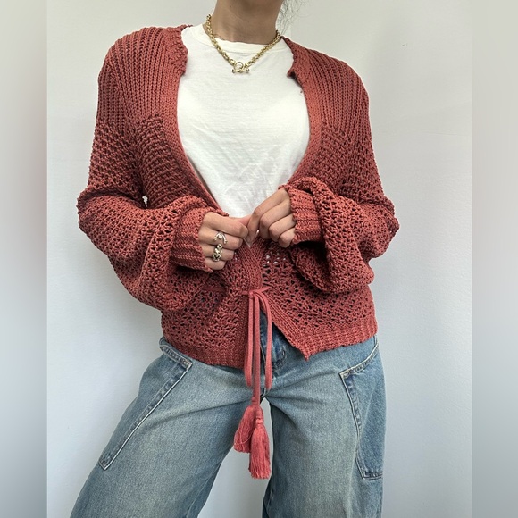 360 Sweater Italian Yarn Chunky Knit Open Front Tassel Tie Waist Cardigan S - Picture 1 of 14